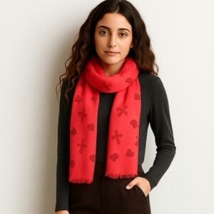 Retro Heart & Cross Viscose Scarf Red Pink